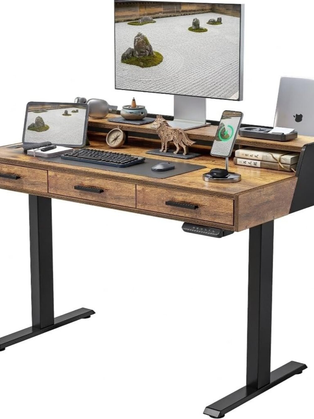 Standing Desk 48x26 Inches with 3 Wood Drawers and Monitor Shelf, Ergonomic Risi